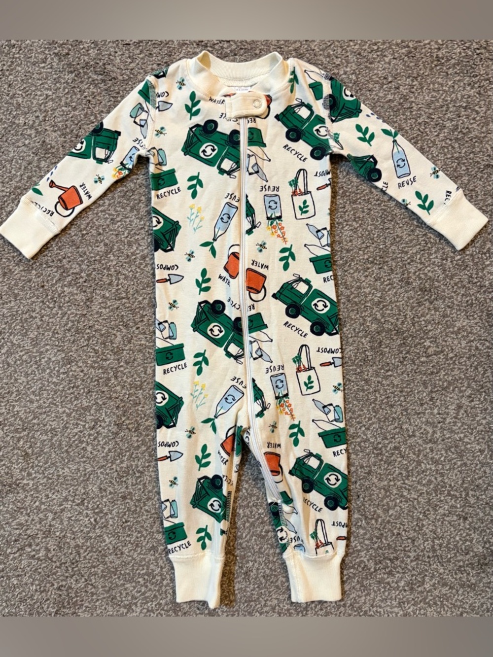 HTF Organic Print Kids One-Piece Zipper Pajamas - Green Recycle Motif